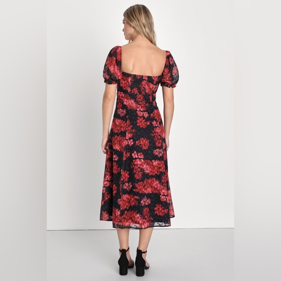 Lulus Red Black Floral Midi Puff Sleeve Dress Dark Romantic Cocktail Sheer L - Picture 5 of 10